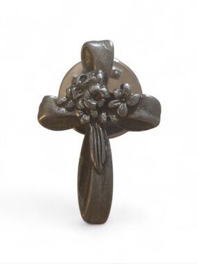 VTG Cross Flowers Ribbon CTA Pewter Silver Tone Pin Christian Religious Jewelry